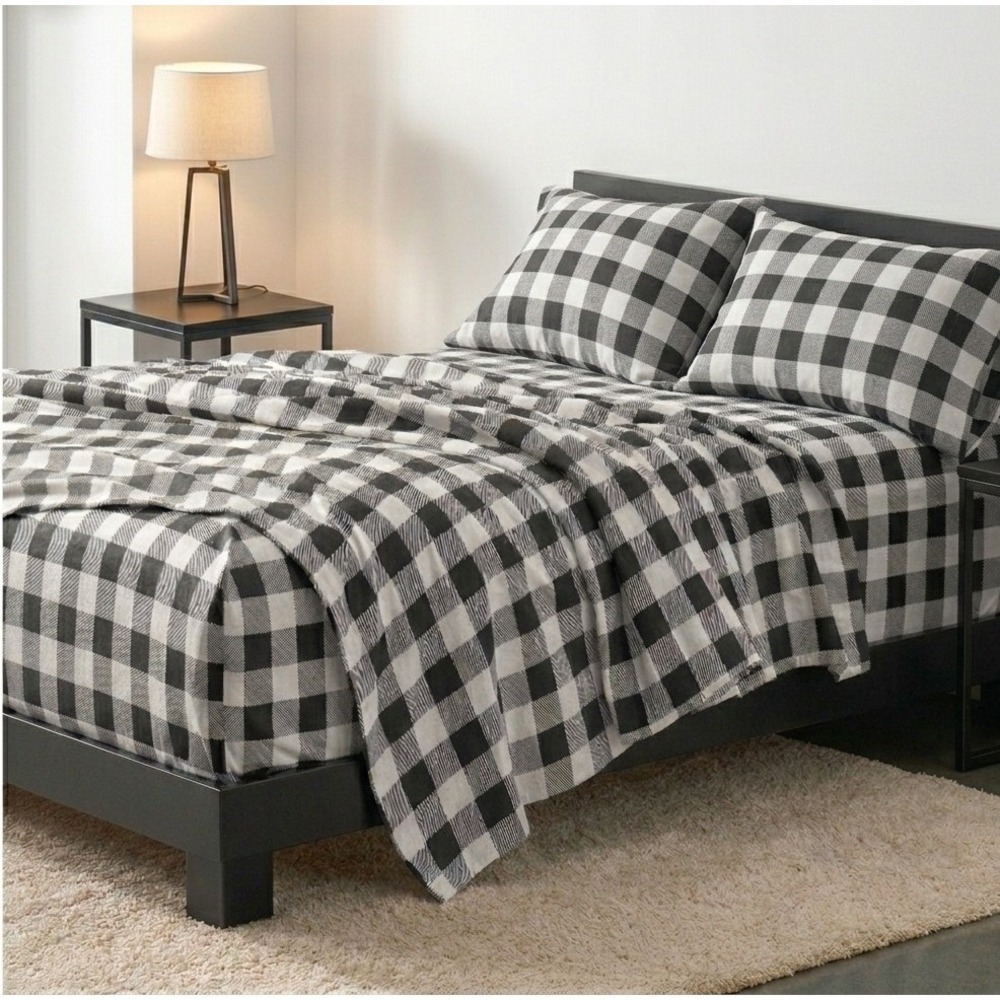 Bare Home Flannel Sheet Set Cal King Black White Buffalo Plaid 100% Cotton 4pc